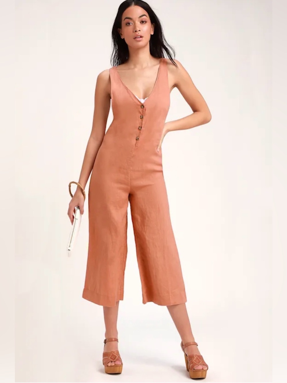 Rhythm Terracotta Linen Wide Leg Jumpsuit Size 8 Sleeveless I38